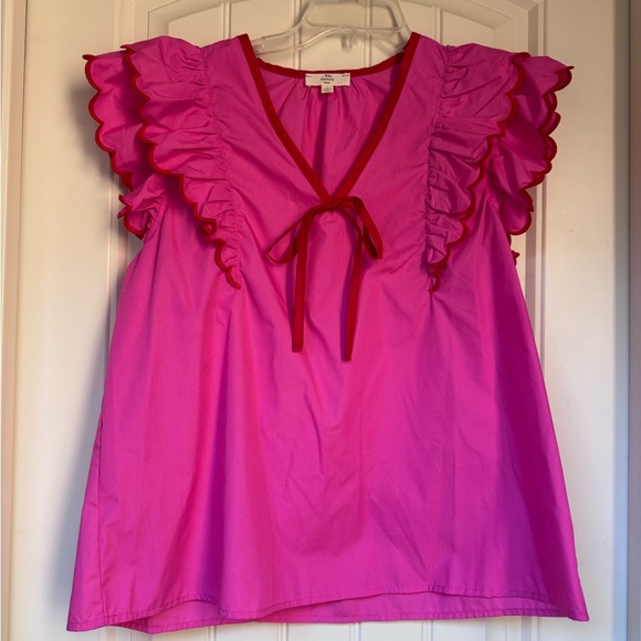 Entro Pink/Red Cotton Scallop Ruffle Sleeve Top - Women’s Size L - Picture 7 of 11